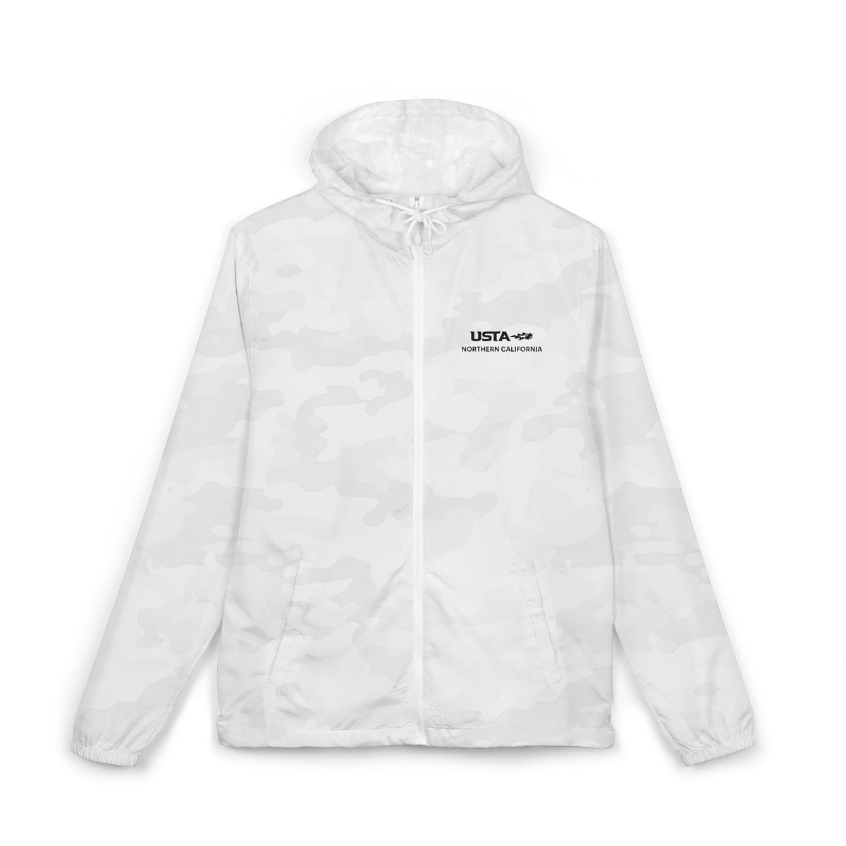 White Camo Windbreaker Jacket — Minimal 'Listen' Chest Logo Lightweight Hooded Shell