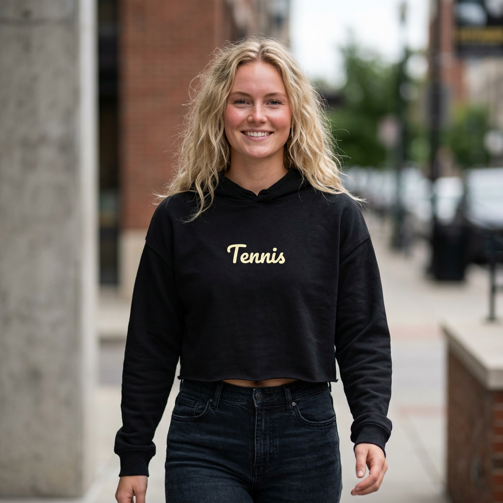 Tennis Cropped Hoodie – Women's Athletic Crop Sweatshirt with Retro Script